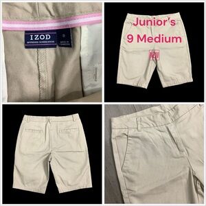 Junior's IZOD 9 Medium Shorts Chino Khakis Khaki Bermuda Stretch School Wear NEW